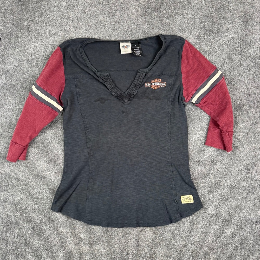 Harley-Davidson Top Womens Size L Black Burgundy Colorblock 3/4 Sleeve Graphic